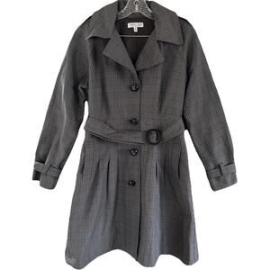 Margaret O’Leary Gray Plaid Trench Coat Womens M Belted Long Jacket Preppy